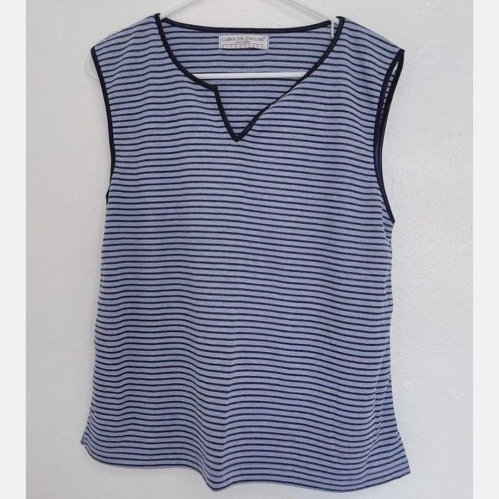 Carolyn Taylor by Design Sz L Sleeveless Knit Top Blue & Navy Striped
